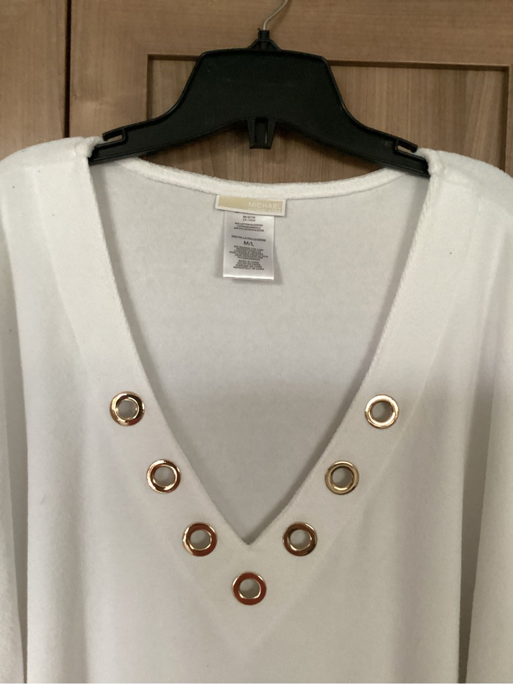 MICHAEL Michael Kors White V-Neck Sweater with Gold Grommet Accents